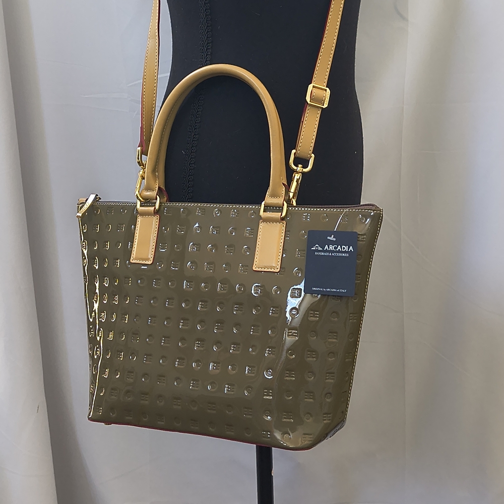New Arcadia Taupe Patent Leather Tote Bag - Removable Crossbody Strap